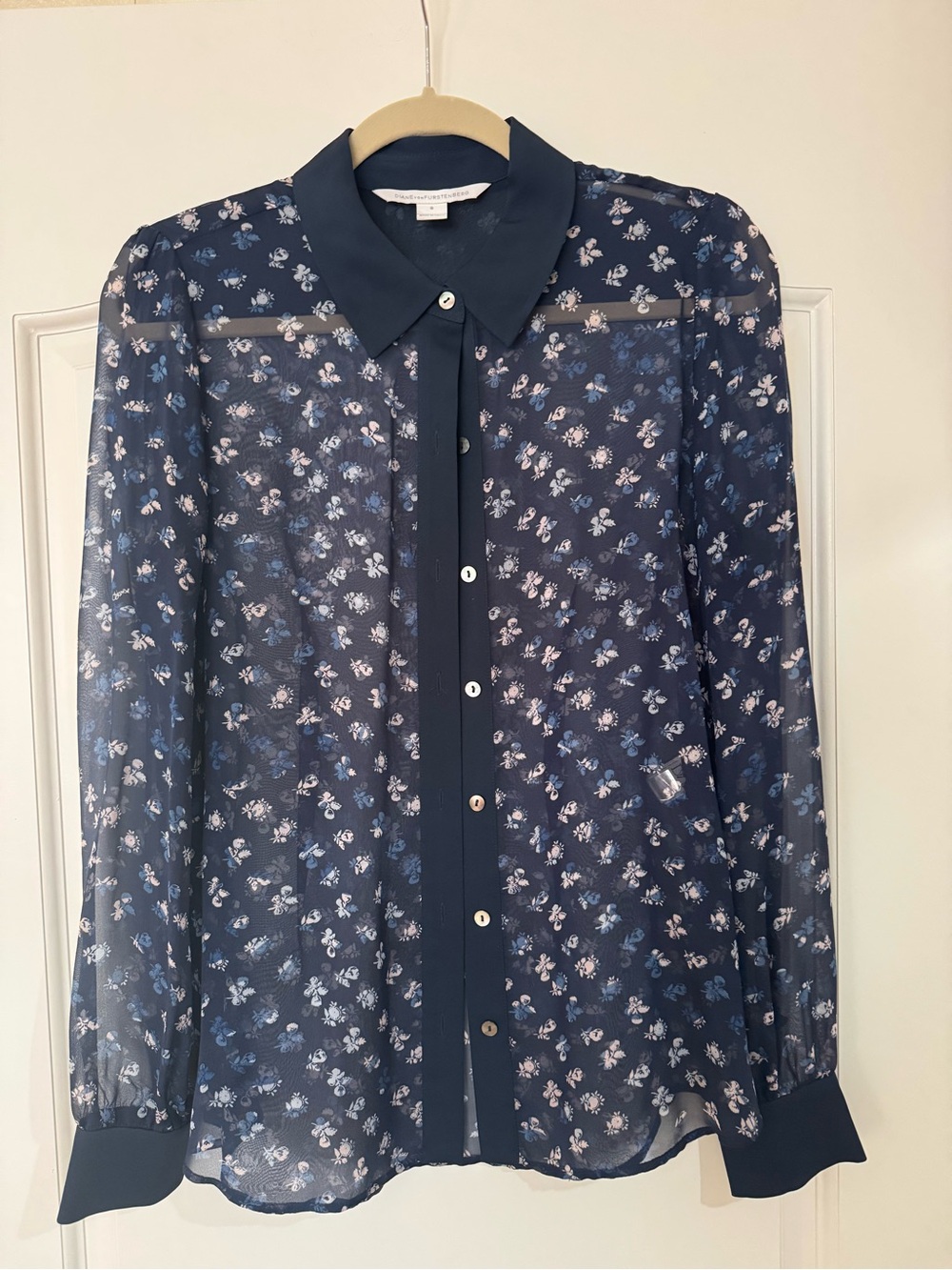 Diane Von Furstenberg Navy Floral Sheer Button-Front Blouse